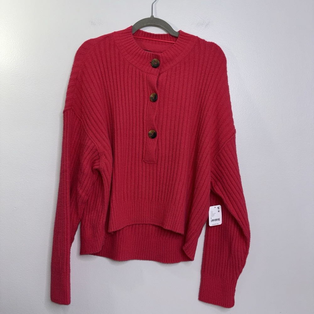 NEW Free People Cocoa Rib Henley Sweater Virtual Pink Women's Size Medium Soft